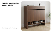 Walnut Finish Shoe Storage Bench Multi-Functional Design Entryway Cabinet Slim contour Hallway Organizer Easy Assembly for Homeowners, Apartment Dwellers, Families, Mudroom, Living Room, Bedroom, Closet
