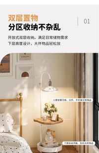 小型带灯床头柜一体床头置物架落地台灯创意卧室收纳可移动小边几 【萌熊普通款】奶油白+棕色木纹面