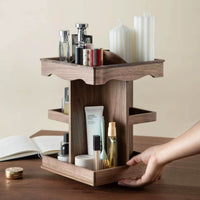 Wooden Rotating Cosmetic Organizer for Desk, 3-Layer Storage for Skincare and Perfume, Nordic Style