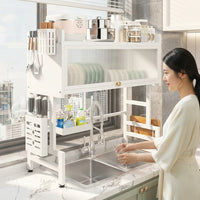 Over Sink Shelf Dish Rack, 2 Tier Carbon Steel Kitchen Sink Organiser and Drainer, Modern Design Aesthetic Saving Kitchen Tool