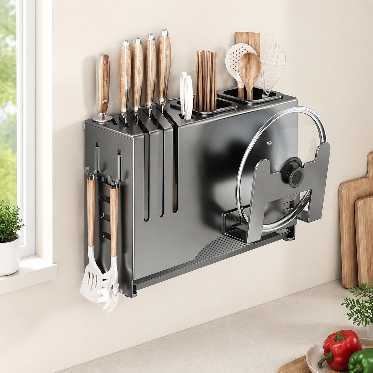 Kitchen Cabinet Organizer Pot Rack, Cookware Stand, Matte Grey Carbon Steel Drainage Kitchen Organizer, Countertop, Chopstick Holder