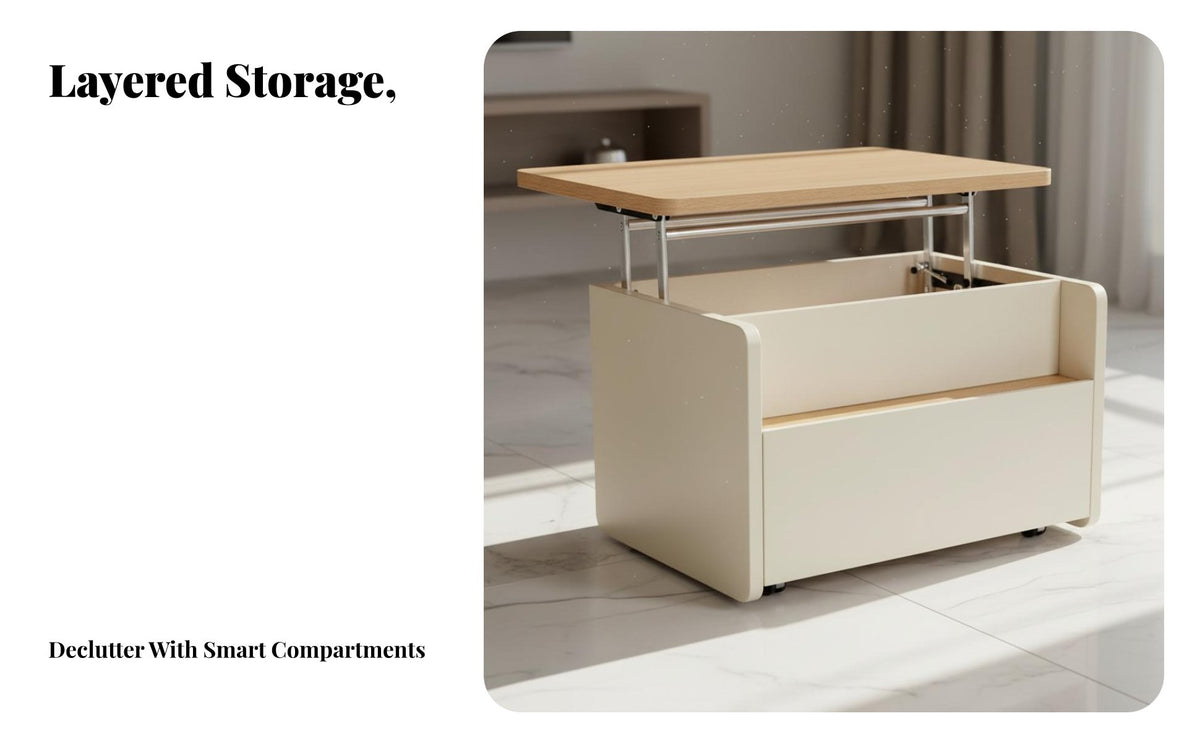 Adjustable Height Lift-Top Coffee Table Movable with Wheels Multi-Storage Lift-Top Table Space Saving Living Room Furniture Silent Lifting Mechanism for Small Apartment Dwellers, Families, Distance Workers, Entertainment Area, Dining