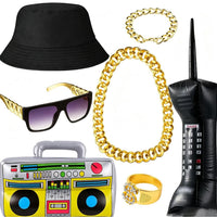 Hip Hop Gold Necklace Bracelet Black Bucket Hat Sunglasses Dollar Ring Party Costume Set