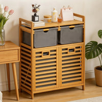 Slatted Storage Cabinet Storage Cabinet with Textile Bins Space-Saving Shelving Unit for Small Apartment