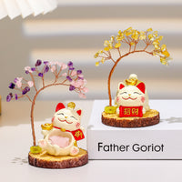 Lucky Cat Natural Crystal Money Tree Figurine, Cute Cat Desk Decor for Home and Office