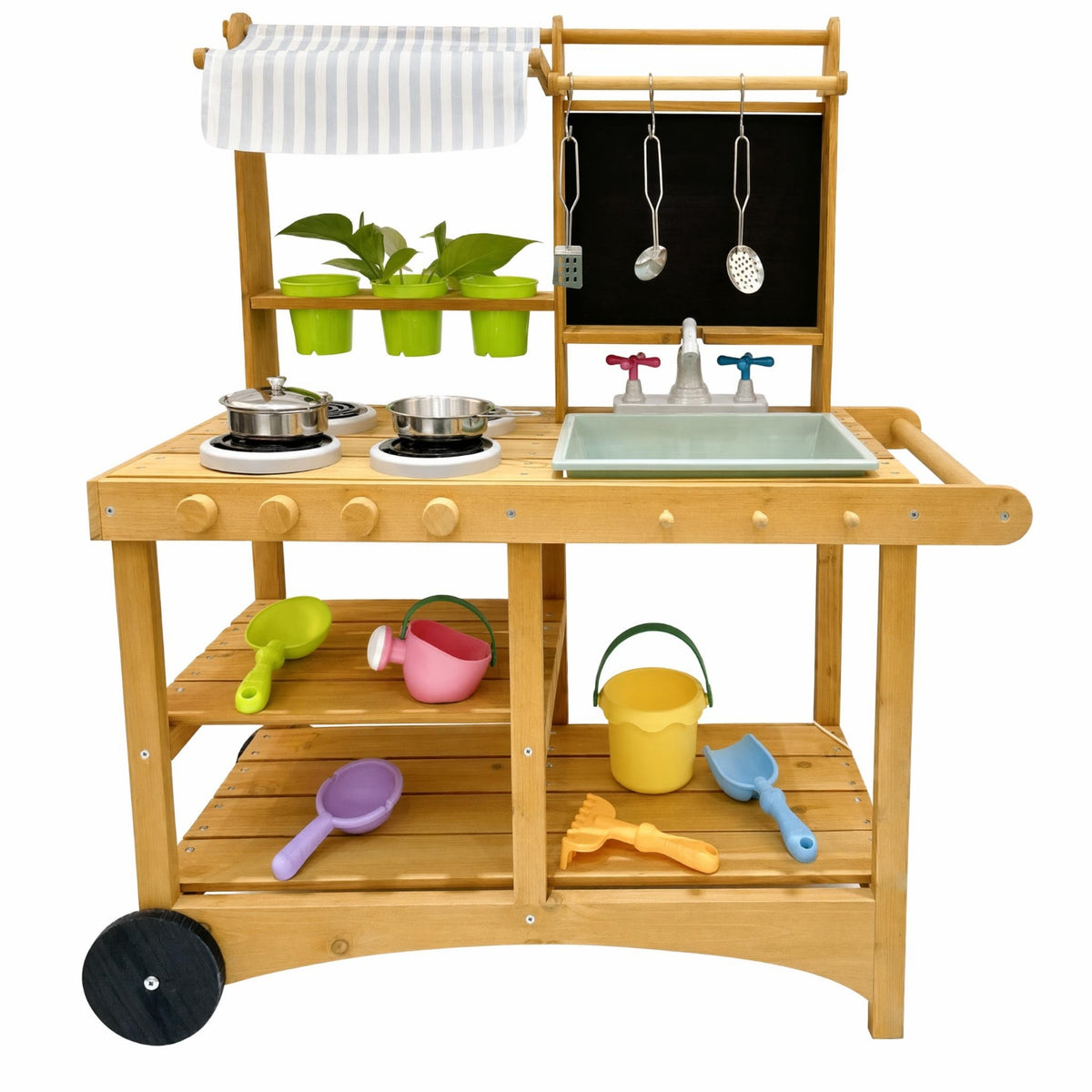 Toy Kitchen with Canopy Wooden Pretend Kitchen with Wheels Mobile Playset for Daycare