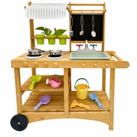 Toy Kitchen with Canopy Wooden Pretend Kitchen with Wheels Mobile Playset for Daycare