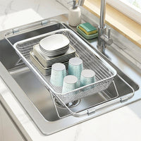Dish Rack and Sink Strainer with Handles, Expandable 304 Stainless Steel Dish Drainer, Space Saving Draining Board for Kitchen Sink Counter Use