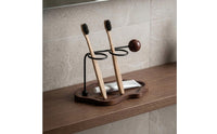 Toothbrush Holder with Wood Base | Minimalist, Modern, Metal Frame Toothbrush Stand, for washroom Countertop