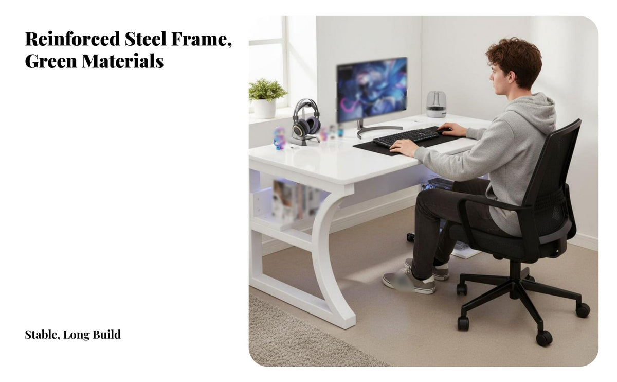 Spacious Desktop Gaming Desk with Storage Shelves Multi-Functional Desk with Storage Shelves Sturdy Construction Computer Table Stable Structure for Students, Gamers, Home Workers, Study Room, Dormitory, Bedroom