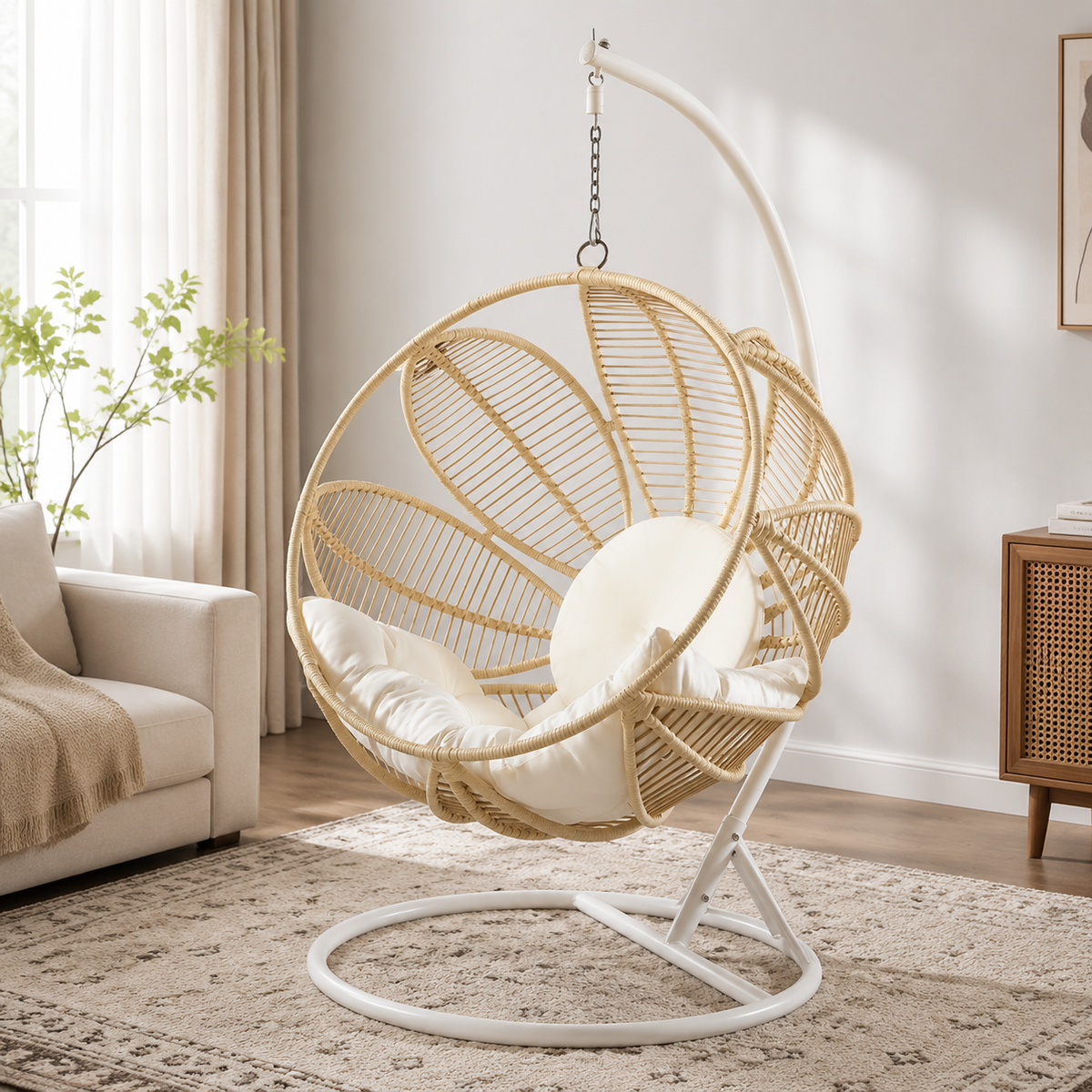 Garden Egg Chair with Stand, Rattan Hanging Egg Chair with Cushion, Indoor Outdoor Patio Living Room Furniture