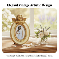 Angel Relief Resin Frame Oval Picture Display Frame Vintage Ornate Tabletop Frame Bronze Gold Finish Baroque Accent Suitable for Classic Interiors Shelf Office Decor