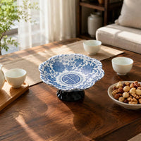 Blue and White Pedestal Bowl Easy to Clean Pedestal Dessert Plate
