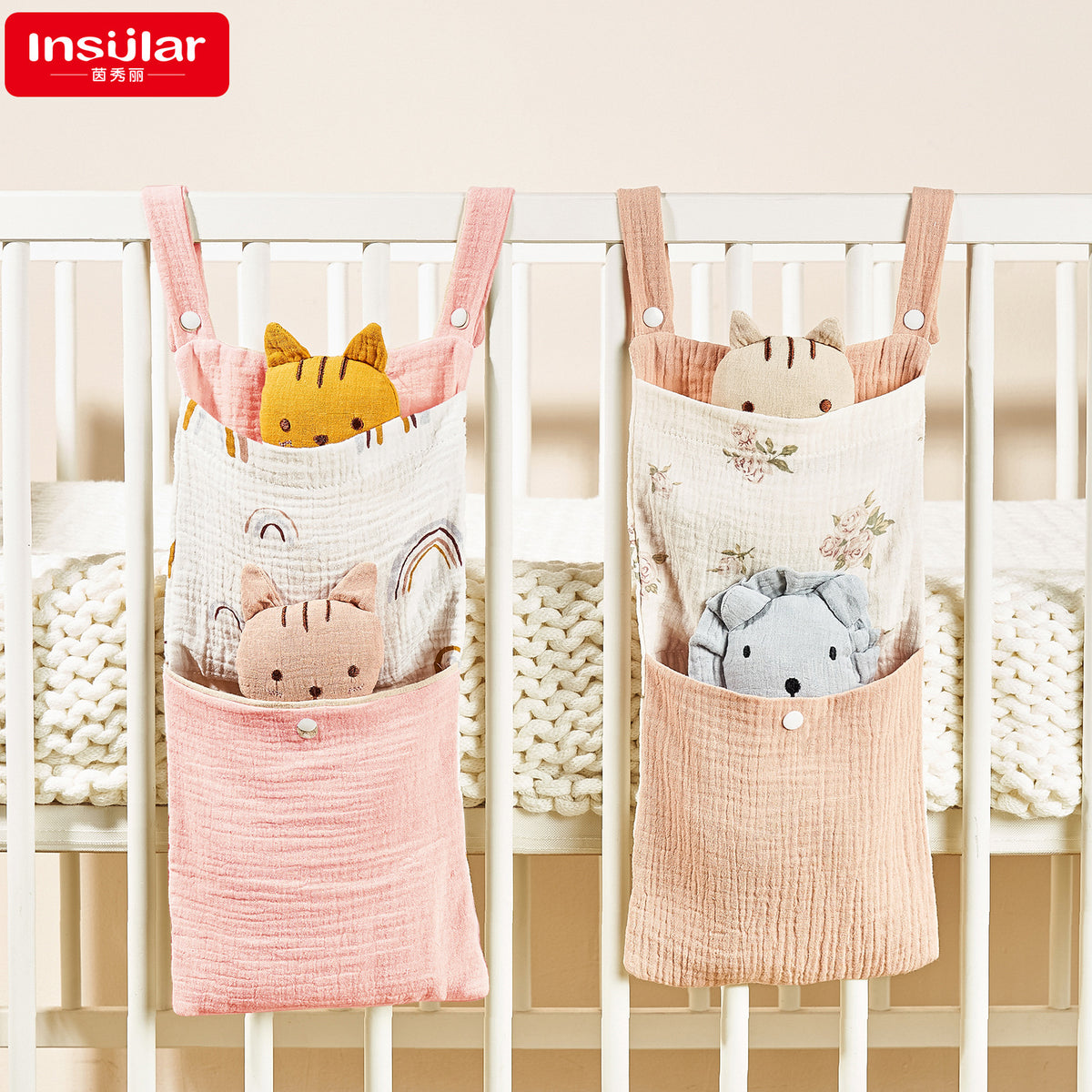 Cotton Baby Crib Storage Organizer with Multi-Function Pockets