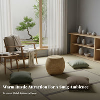 Woven Pouf Solid Wood Frame Round Rattan Ottoman Boho Footstool for Entryway, Balcony