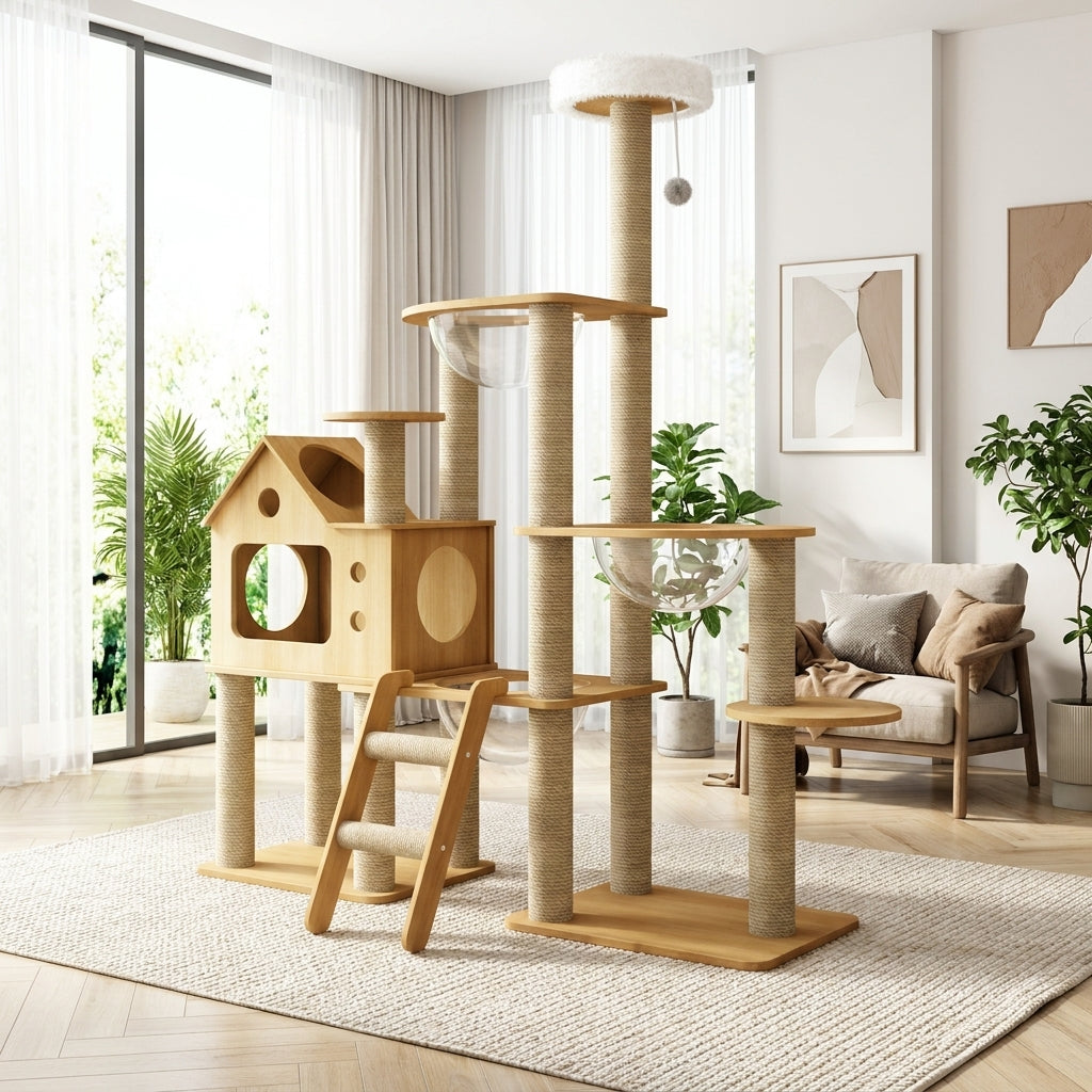 Cat Activity Center and Climbing Frame with Space Capsule Cat Bed, 5-Level House Featuring Ladder and Hammock, Multi Level for Large Indoor Cats