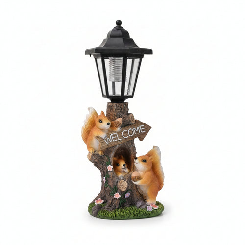 Resin Squirrel Tree-Stump Lamp Squirrel Lantern Statue Flower Accents