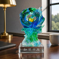 Dragon Sphere Sculpture Clear Base Crystal Dragon Figurine Engraved Characters