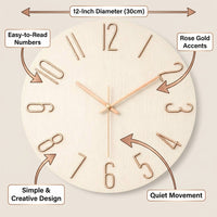 12 Inch Wall Clock, Modern Silent Wall Clocks Battery Operated, Home Living Room Bedroom Kitchen Decor, Accurate Timekeeper, Simple Design