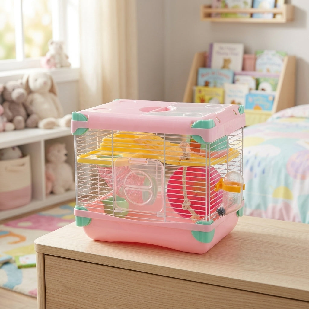 Double Layer Hamster Cage for Dwarf Hamster, Portable and Wire Multi Level Habitat, Two Tier Small Animal Habitat Suitable for Beginners