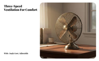 Portable Retro Electric Fan Wide Angle Oscillation Vintage Design Desk Fan Adjustable Tilt Antique Design Air Circulator 3 Speed Settings for Office, Bedroom, Living Room