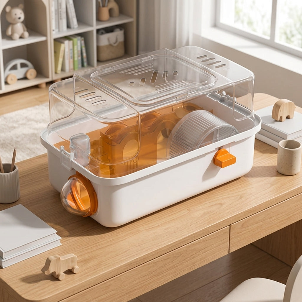 Transparent Hamster Cage Single Layer House with Handle and Side Door, Portable Oval Shape Beginner Indoor Dwarf Hamster Habitat