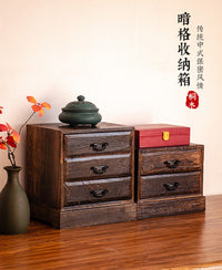 Solid Wood Drawer Storage Box with Compartments, Retro Desk Organizer, 3-Layer