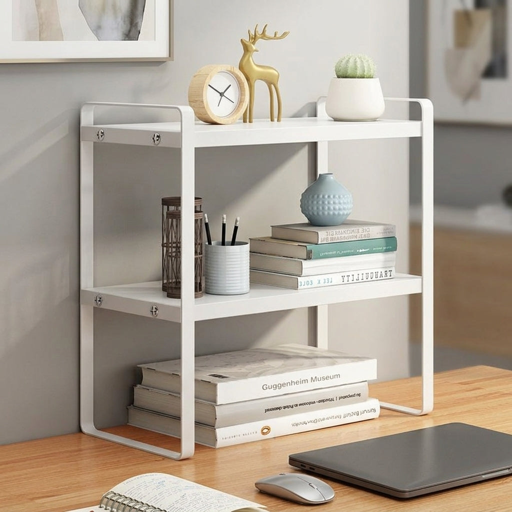 2-Tier Desktop Book Organizer, Desk Storage Shelf with Metal Frame for Students, Multi File for Office, Tabletop Rack