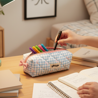 Cream Plaid Bowknot Pencil Case Portable Stationery Storage Bag for Students