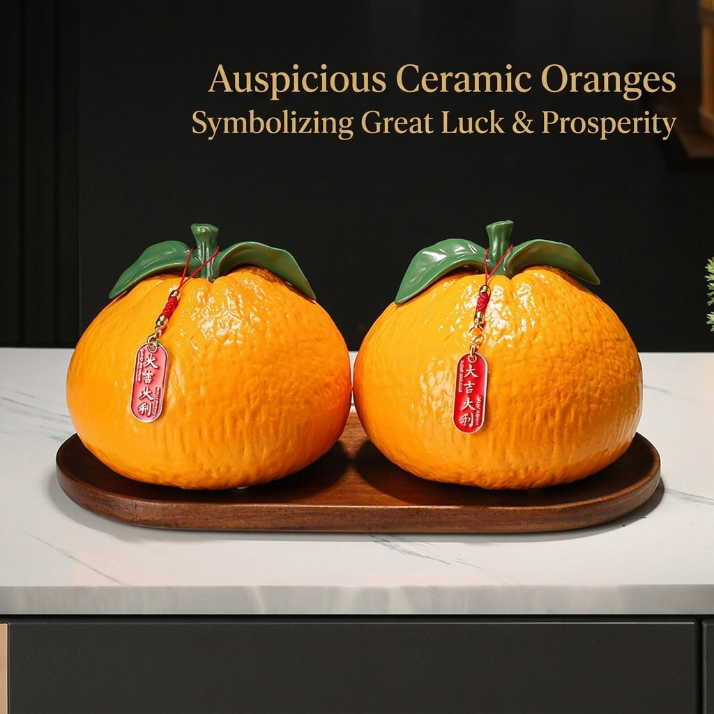 Living Room Decor Hand Painted Ceramic Orange Figurines for Good Fortune, Chinese Style Fruit Ornament Pair for Housewarming Gift