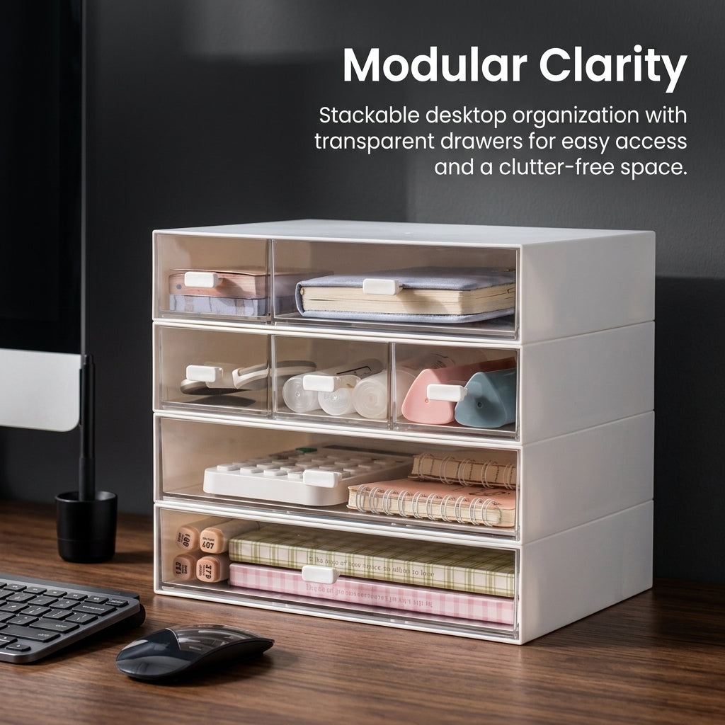 Desktop Organizer with Stackable Drawers, Modular Desk Storage for Office Workers, Transparent Drawer Set for Study Room and Workspace