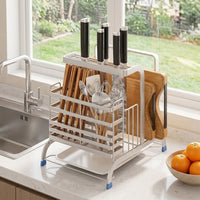 304 Stainless Steel Utensil Holder, Kitchen Organizer for Countertop, Multi-functional Space Saving Rack with Pot Lid & Chopstick Holder