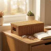 Rattan Storage Box with Lid Rectangular Rattan Storage Box Handmade for Tabletop