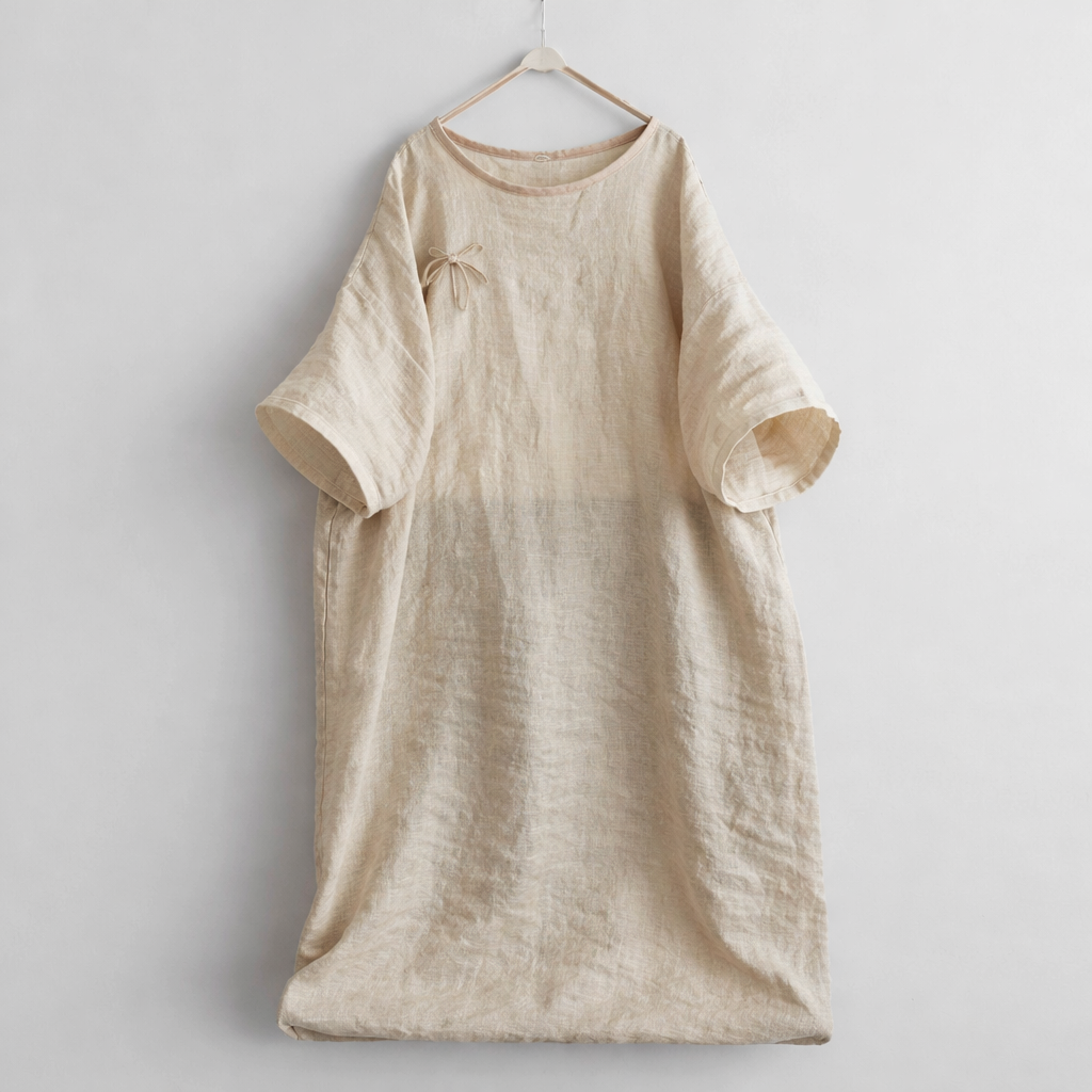 Summer Dress for Women, Maxi Dresses with Handmade Frog Closures, Long in Linen Blend, Batwing Sleeve Design