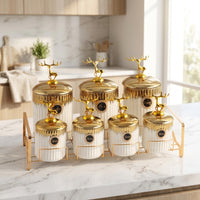 7 Pieces container Set with Rack Ceramic Storage Jars with Lids Countertop Kitchen container Set for Household Organizers