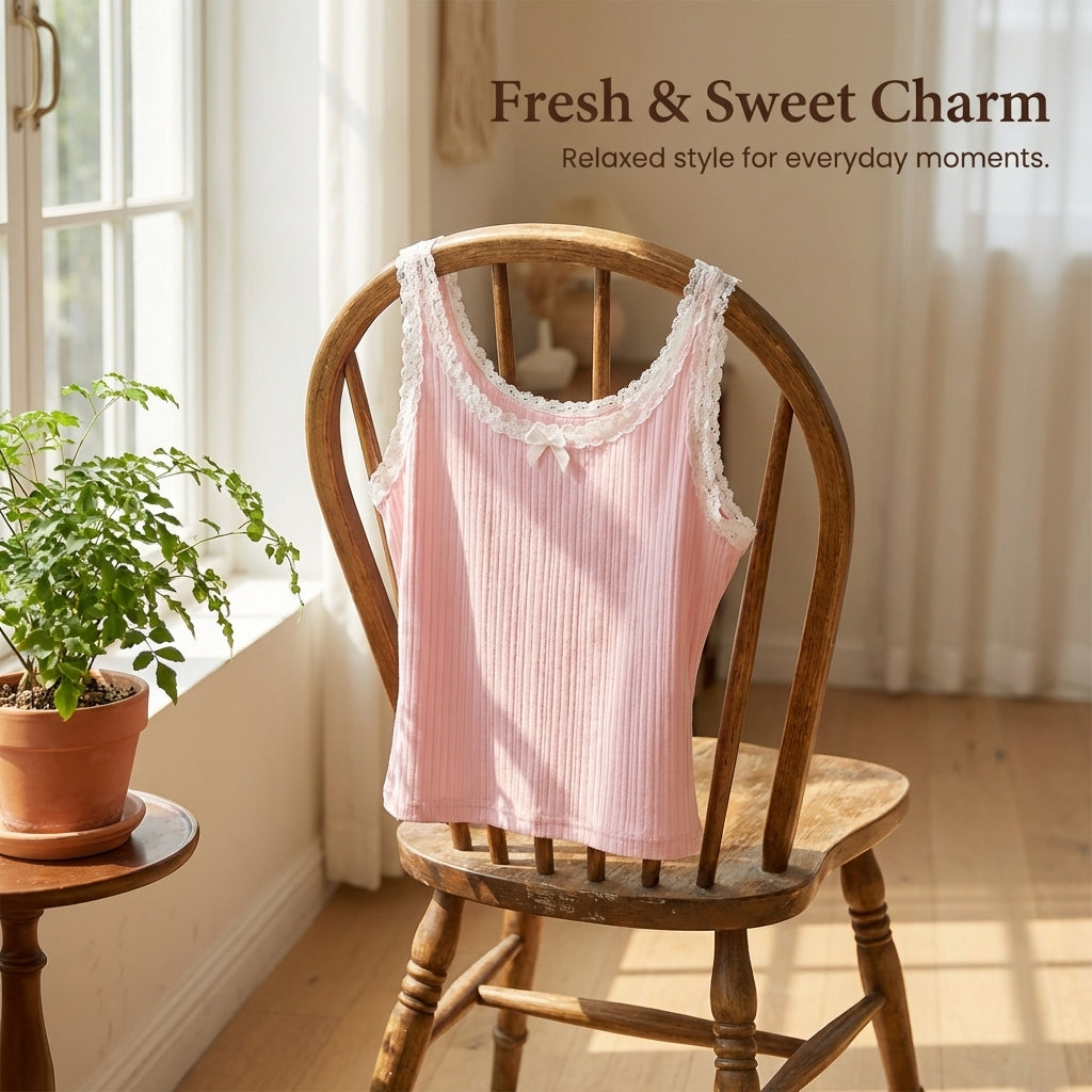 Going Out Tops for Women with Lace Trim and Bow Detail, Cashmere Blend Sleeveless Camisole for Layering, Backless Tank, Y2K Style Vest
