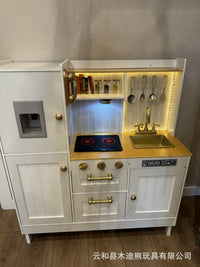 Golden Kitchen Wooden Pretend Play Kitchen Toy with Lights and Sound Effects