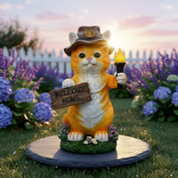 Cat Figurine with Solar Light Resin Cat Figurine with Welcome Sign Outdoor