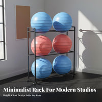 Mobile Fitness Ball Rack Space-Saving Exercise Ball Holder Sturdy Construction Multi-Tier Fitness Rack 360° Swivel Wheels