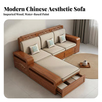 Walnut Wood Sofa Combination Double-Use Winter Summer Solid Wood Storage Sofa Modern Design Modular Sectional with Storage for Homeowners, Guests