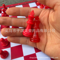 Red and White Checkered Chess Board 24cm with Pieces