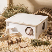 Wooden Hamster House with Climbing Ladder, Multi-Level Wood Habitat for Syrian Hamster Cage, Small Animal Structure with Two Entrances and Ramp