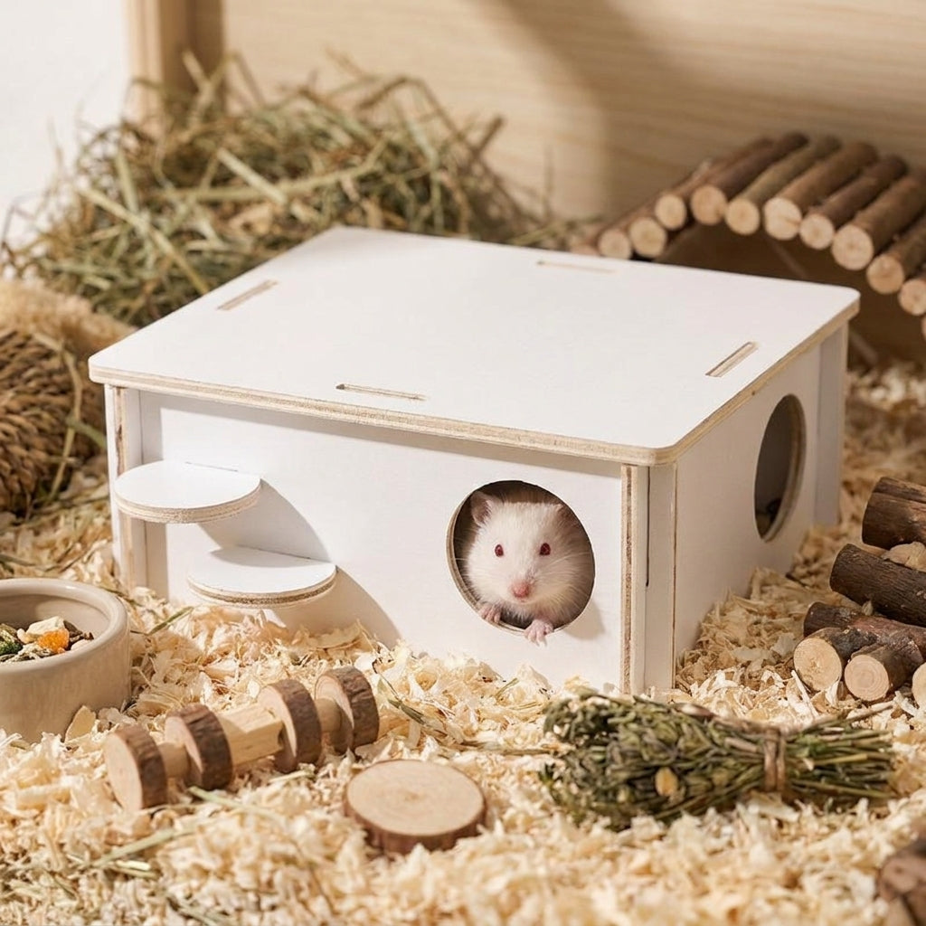 Wooden Small Animal House with Climbing Ladder, Multi-Level Habitat for Syrian Rodent Cage, Small Pet Accessory with Two Entrances and Ramp