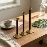 3 Pieces Modern-Retro Taper Candle Holder Brass-Colored Taper Candle Holder with Metal Cup Slim Candlestick with Wooden Stem Tapered for Tabletop, Dining Table, Mantel