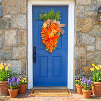 Artificial Easter Carrot Wreath, Orange Floral Door Hanging Decoration with Rustic Hessian Bow, Spring Teardrop Swag for Front Door, Porch and Wall Decor
