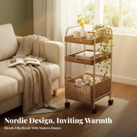 2-Tier Rolling Table Rattan Weave Accent 2-Tier Rolling Organizer Mobile Design Wood Top for Apartment Dwellers, Students