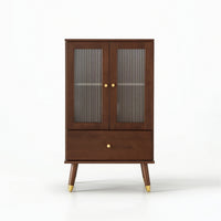 Display Cabinet with Drawer Walnut-Toned Glass-Front Freestanding Cabinet with Glass Doors for Living Room, Apartment