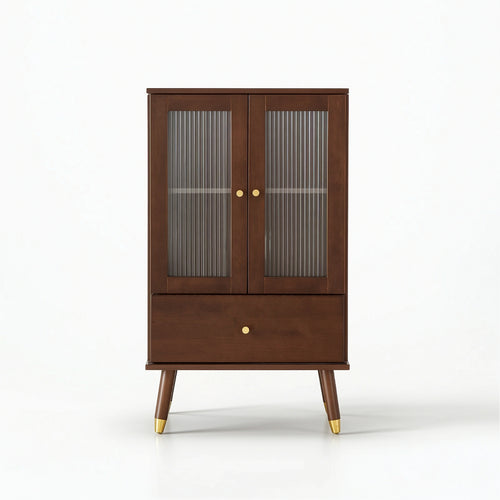 Display Cabinet with Drawer Walnut-Toned Glass-Front Freestanding Cabinet with Glass Doors for Living Room, Apartment