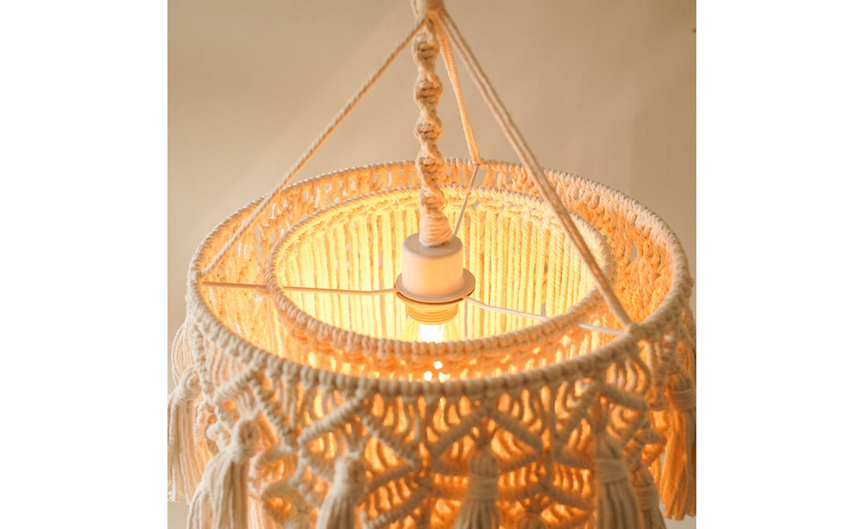 Hand-Woven Macrame Lampshade Tassel Macrame Lamp Shade Bohemian Pendant Lampshade with Tassels Fringe for Bedroom, Nursery, Reading Nook