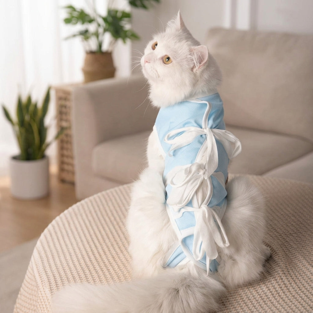 Cat Surgery Suit with Ties Back, Sleeveless Full Body Post Surgery Cat Clothes for Recovery, Anti-Licking Abdominal Area Cover